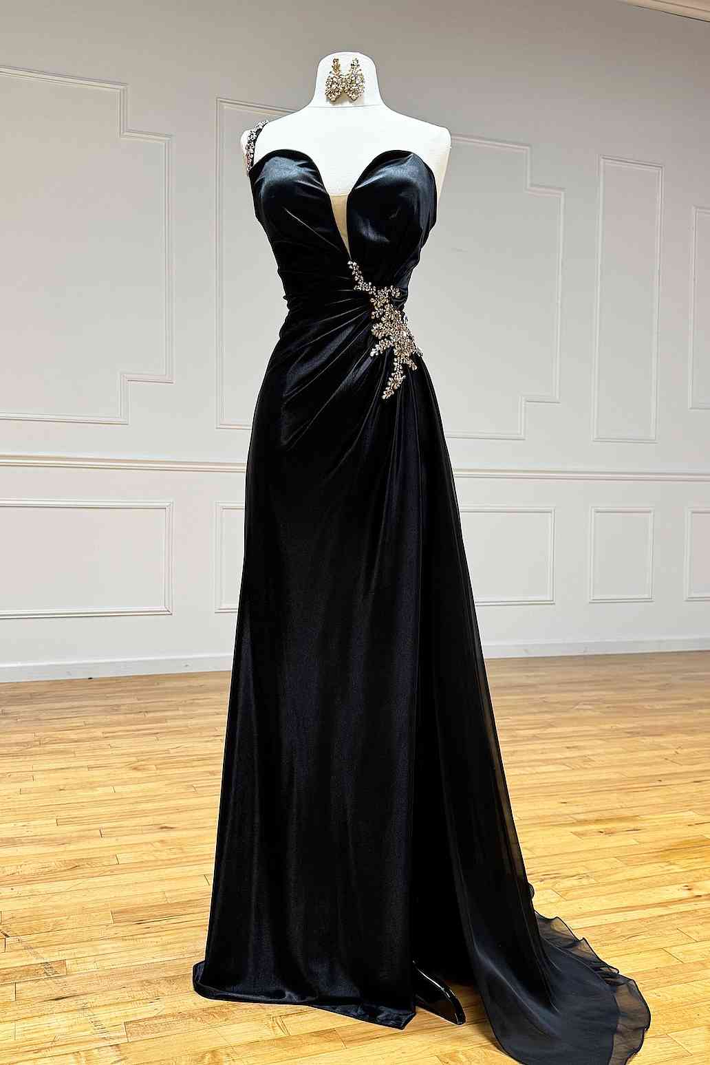 Black Rhinestone One Shoulder A Line Prom Dress with Slit, Black / 4 Black Rhinestone One Shoulder A Line Prom Dress with Slit, Black / 4