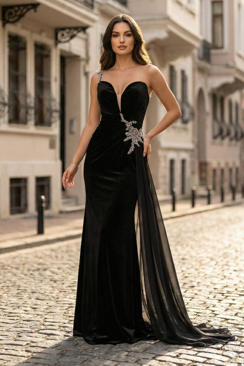 Black Rhinestone One Shoulder A Line Prom Dress with Slit - KissProm