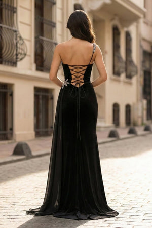 Black Rhinestone One Shoulder A Line Prom Dress with Slit - KissProm