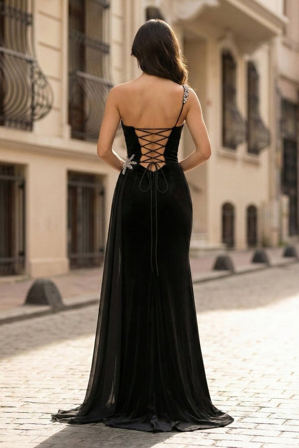 Black Rhinestone One Shoulder A Line Prom Dress with Slit - KissProm