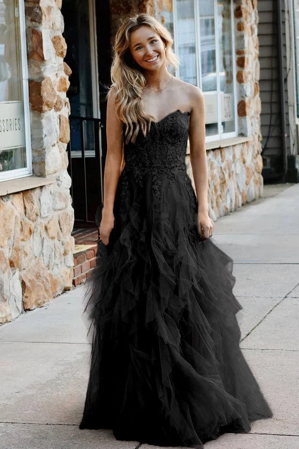 Kaycee | A-Line Coral Tulle Strapless Layered Prom Dress with Appliques