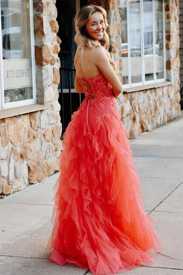 Kaycee | A-Line Coral Tulle Strapless Layered Prom Dress with Appliques