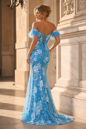 Orange Off-the-Shoulder Mermaid Lace Long Prom Dresses With Split - KissProm