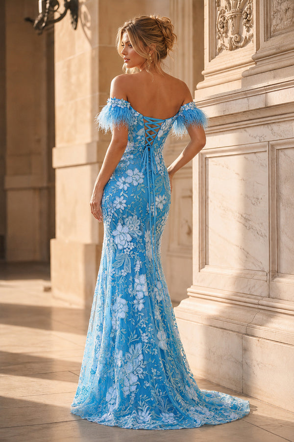 Orange Off-the-Shoulder Mermaid Lace Long Prom Dresses With Split - KissProm