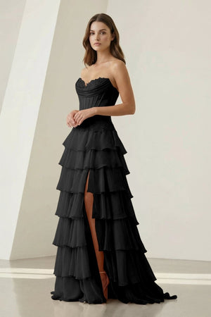 Jaleira | Pink - Sweetheart Chiffon Ruffled A Line Formal Prom Dresses With Appliques - KissProm