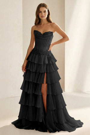 Jaleira | Pink - Sweetheart Chiffon Ruffled A Line Formal Prom Dresses With Appliques - KissProm