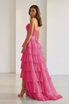 Jaleira | Pink - Sweetheart Chiffon Ruffled A Line Formal Prom Dresses With Appliques - KissProm