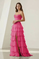 Jaleira | Pink - Sweetheart Chiffon Ruffled A Line Formal Prom Dresses With Appliques - KissProm