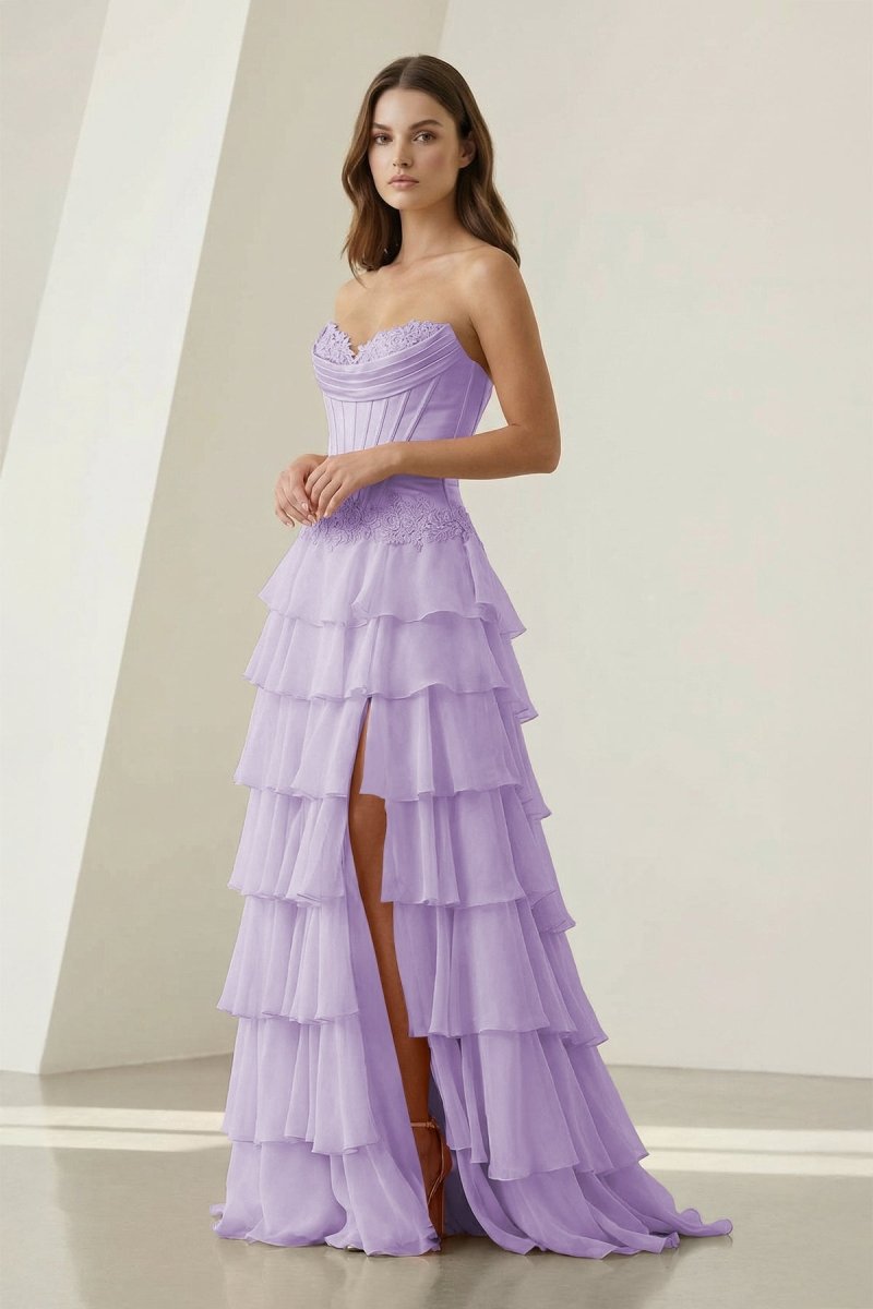 Jaleira | Pink - Sweetheart Chiffon Ruffled A Line Formal Prom Dresses With Appliques - KissProm