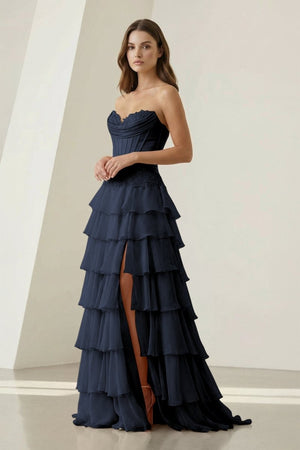 Jaleira | Pink - Sweetheart Chiffon Ruffled A Line Formal Prom Dresses With Appliques - KissProm