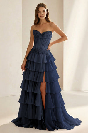 Jaleira | Pink - Sweetheart Chiffon Ruffled A Line Formal Prom Dresses With Appliques - KissProm