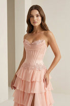 Jaleira | Pink - Sweetheart Chiffon Ruffled A Line Formal Prom Dresses With Appliques - KissProm