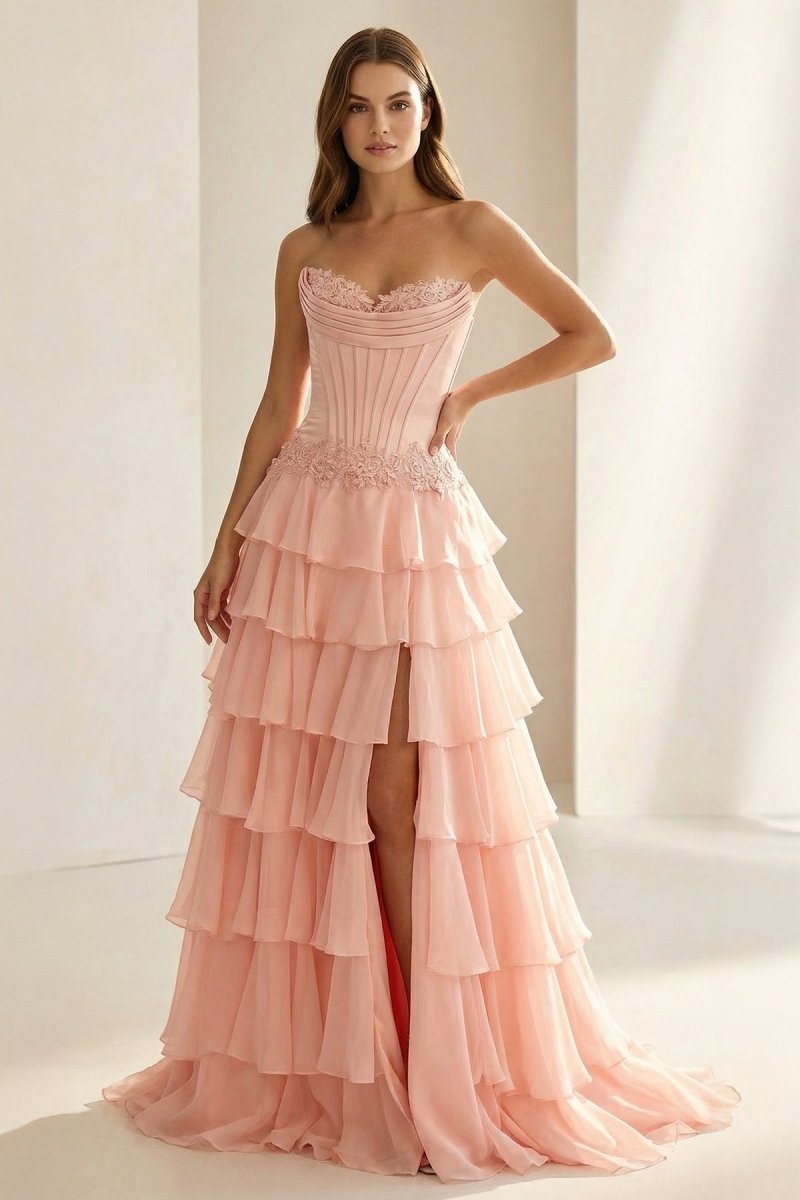 Jaleira | Pink - Sweetheart Chiffon Ruffled A Line Formal Prom Dresses With Appliques - KissProm