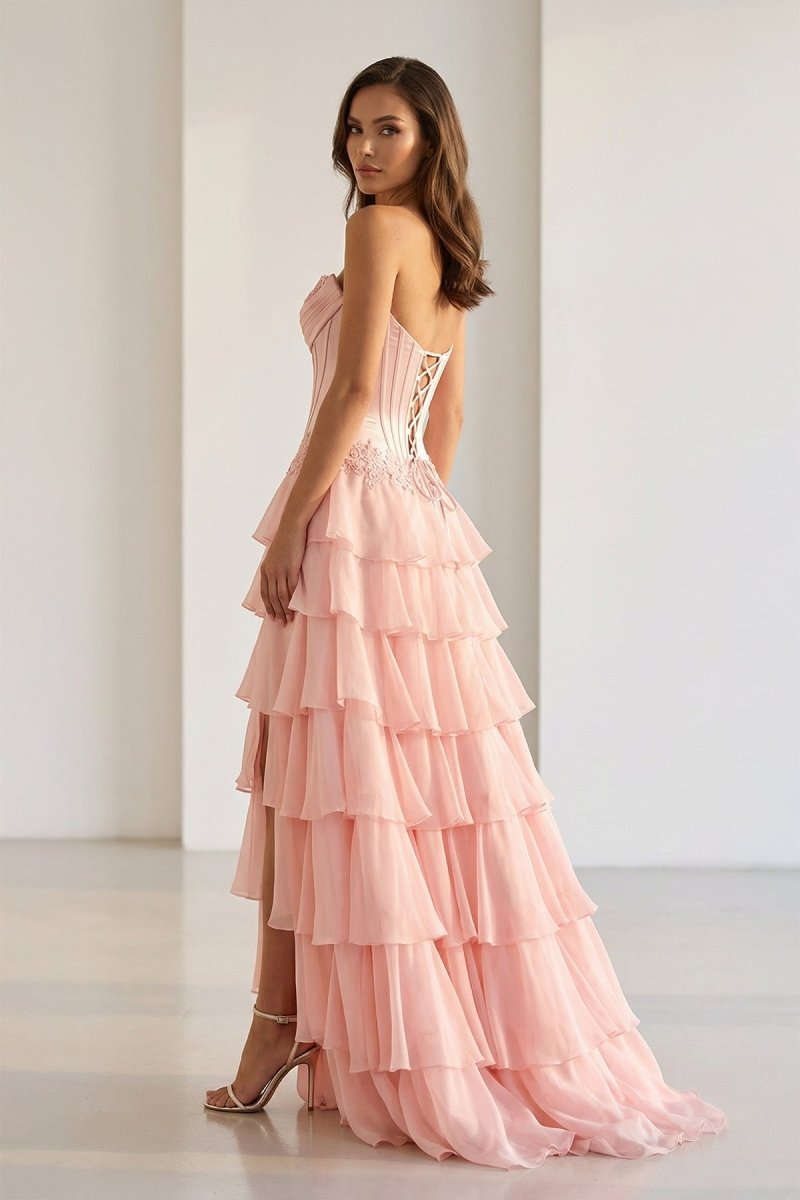 Jaleira | Pink - Sweetheart Chiffon Ruffled A Line Formal Prom Dresses With Appliques - KissProm