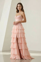 Jaleira | Pink - Sweetheart Chiffon Ruffled A Line Formal Prom Dresses With Appliques - KissProm