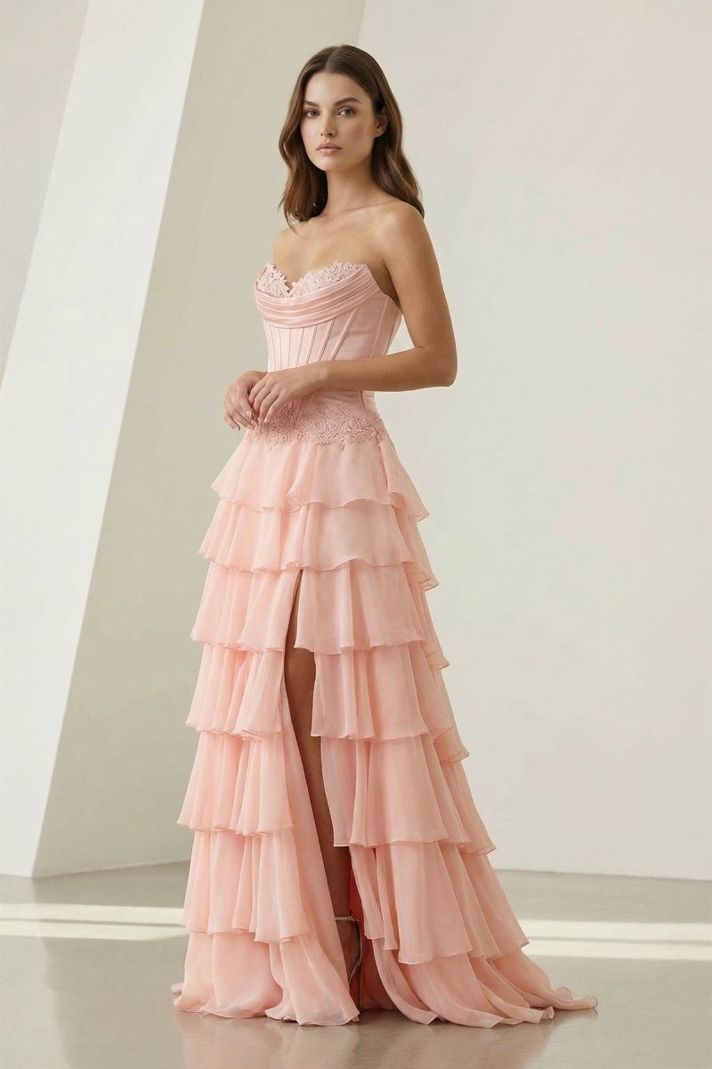 Jaleira | Pink - Sweetheart Chiffon Ruffled A Line Formal Prom Dresses With Appliques - KissProm