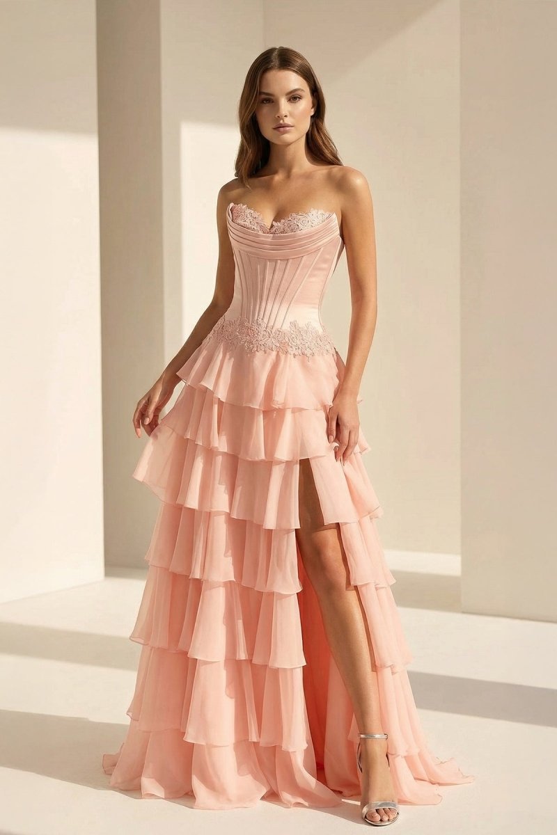 Jaleira | Pink - Sweetheart Chiffon Ruffled A Line Formal Prom Dresses With Appliques - KissProm