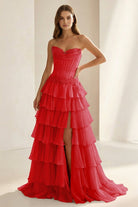Jaleira | Pink - Sweetheart Chiffon Ruffled A Line Formal Prom Dresses With Appliques - KissProm