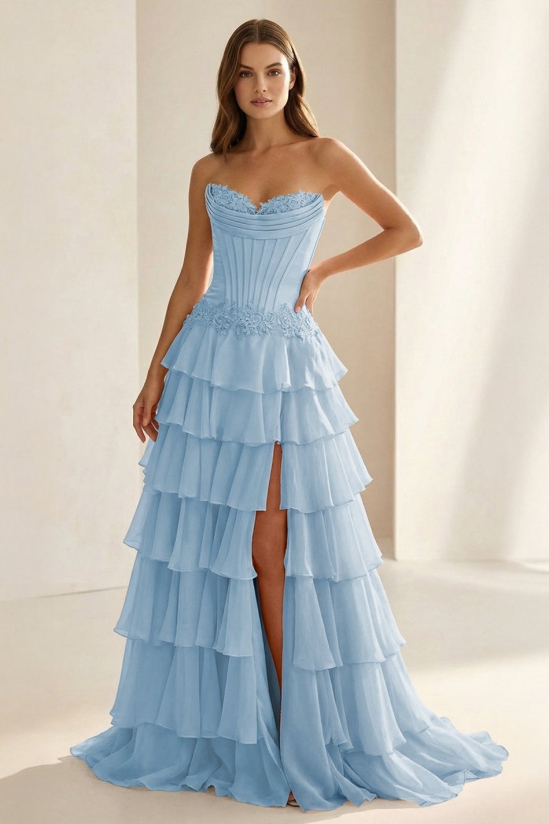 Jaleira | Sky Blue - Sweetheart Chiffon Ruffled A Line Formal Prom Dresses With Appliques - KissProm