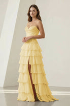 Jaleira | Pink - Sweetheart Chiffon Ruffled A Line Formal Prom Dresses With Appliques - KissProm