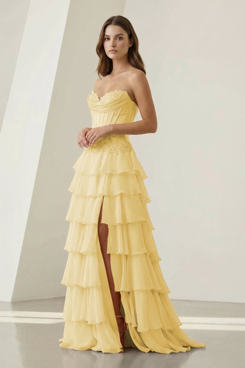 Jaleira | Pink - Sweetheart Chiffon Ruffled A Line Formal Prom Dresses With Appliques - KissProm