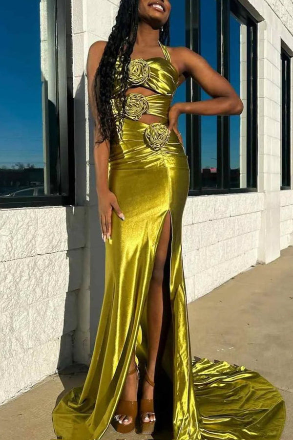 Jana | Floral Applique Halter Olive Mermaid Prom Dress with Cut-out -KissProm