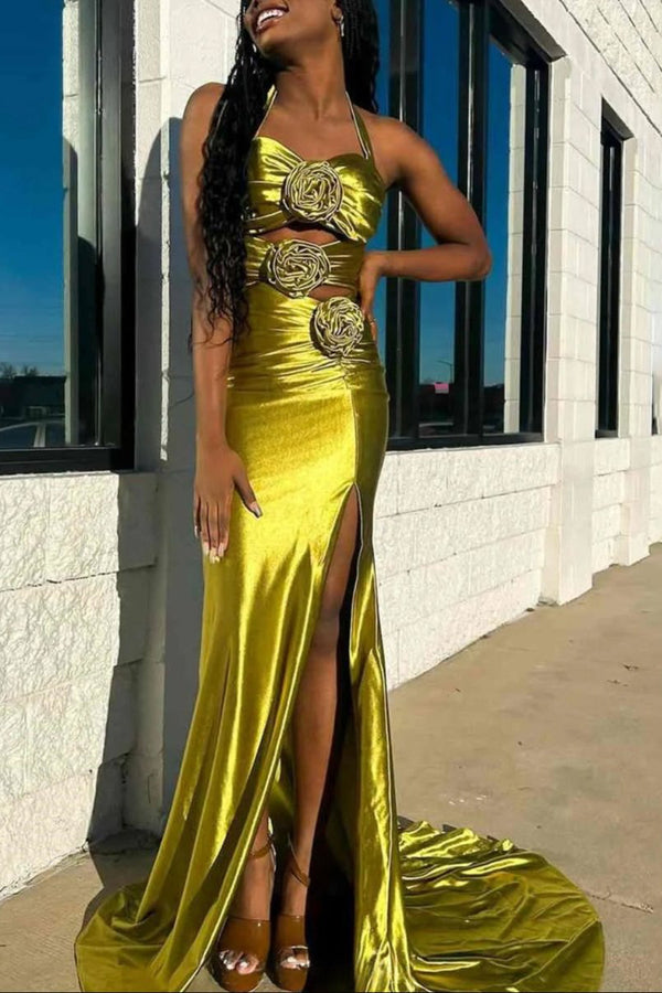 Jana | Floral Applique Halter Olive Mermaid Prom Dress with Cut-out -KissProm