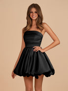 Jani | Black - A Line Strapless Satin Bubble Hem Short Homecoming Dresses