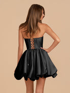 Jani | Black - A Line Strapless Satin Bubble Hem Short Homecoming Dresses