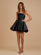 Jani | Black - A Line Strapless Satin Bubble Hem Short Homecoming Dresses