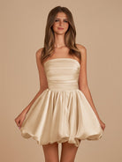 Jani | Champagne - A Line Strapless Satin Bubble Hem Short Homecoming Dresses