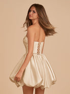 Jani | Champagne - A Line Strapless Satin Bubble Hem Short Homecoming Dresses