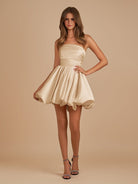 Jani | Champagne - A Line Strapless Satin Bubble Hem Short Homecoming Dresses