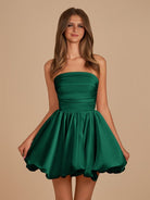 Jani | Dark Green - A Line Strapless Satin Bubble Hem Short Homecoming Dresses
