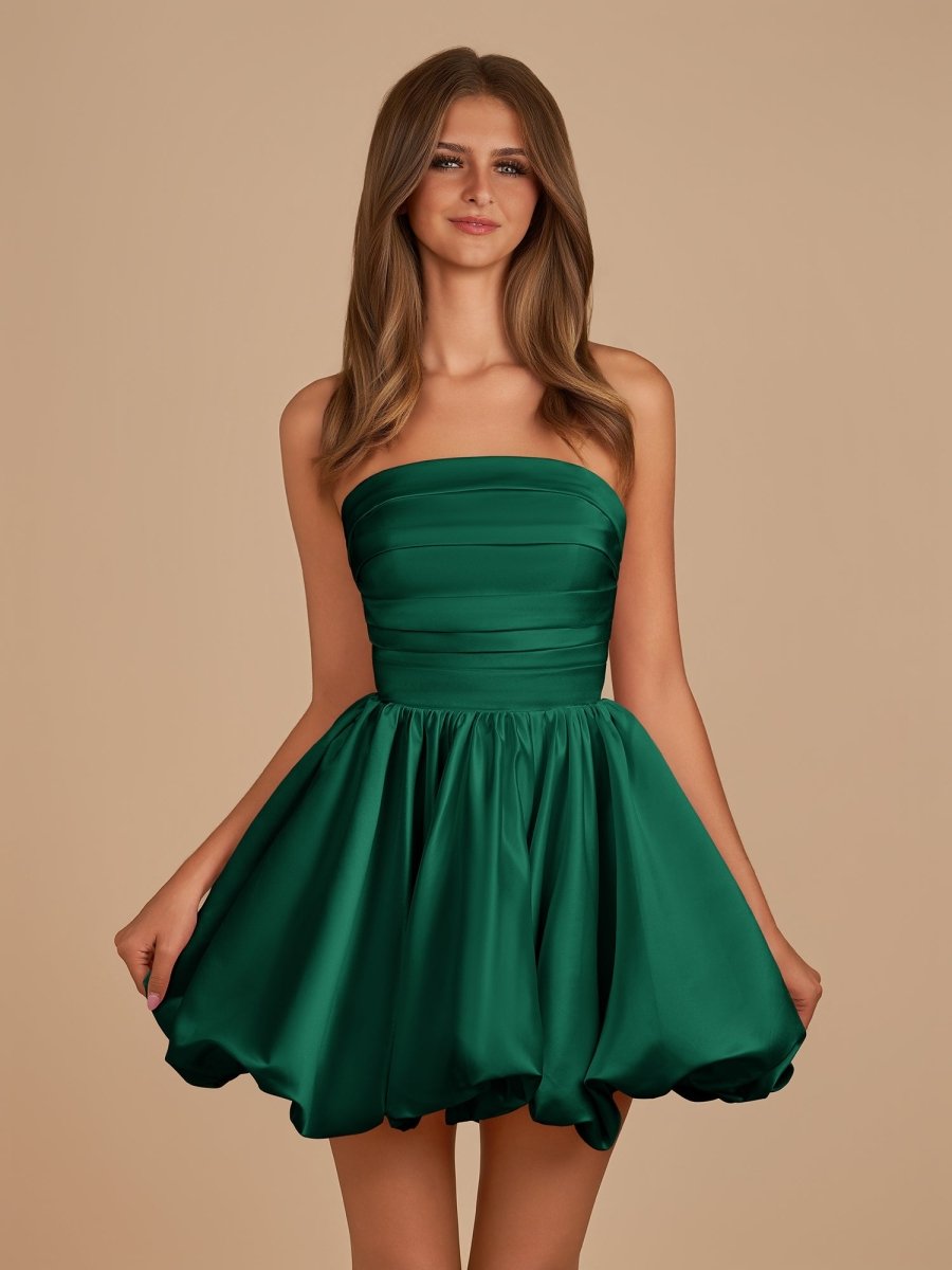 Jani | Dark Green - A Line Strapless Satin Bubble Hem Short Homecoming Dresses