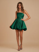 Jani | Dark Green - A Line Strapless Satin Bubble Hem Short Homecoming Dresses