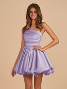 Jani | Lilac - A Line Strapless Satin Bubble Hem Short Homecoming Dresses