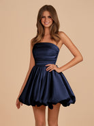 Jani | Navy Blue - A Line Strapless Satin Bubble Hem Short Homecoming Dresses - KissProm
