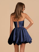 Jani | Navy Blue - A Line Strapless Satin Bubble Hem Short Homecoming Dresses - KissProm