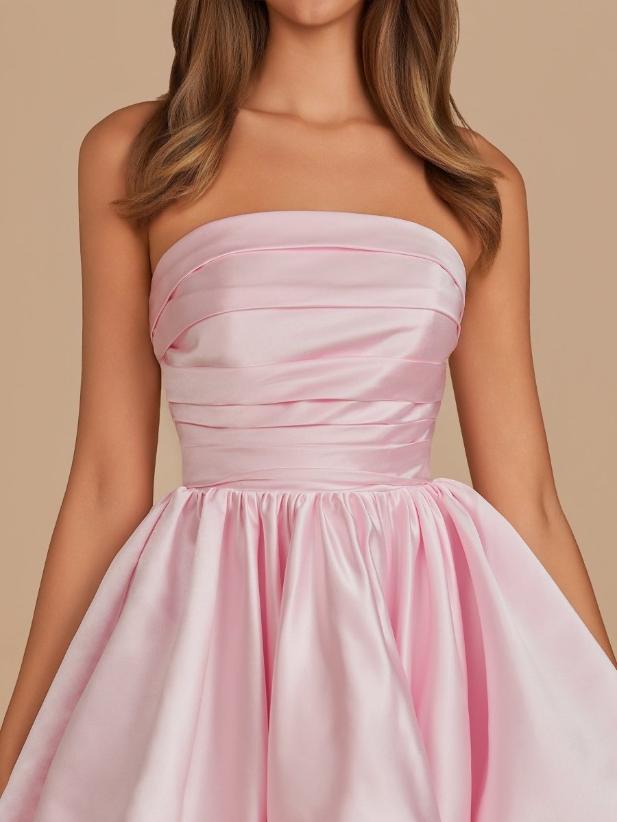 Jani | Pink - A Line Strapless Satin Bubble Hem Short Homecoming Dresses