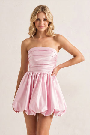 Jani | Pink - A Line Strapless Satin Bubble Hem Short Homecoming Dresses