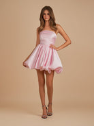 Jani | Pink - A Line Strapless Satin Bubble Hem Short Homecoming Dresses