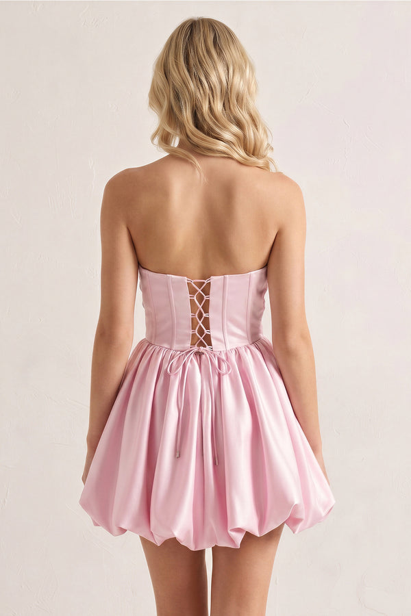 Jani | Pink - A Line Strapless Satin Bubble Hem Short Homecoming Dresses