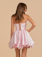 Jani | Pink - A Line Strapless Satin Bubble Hem Short Homecoming Dresses