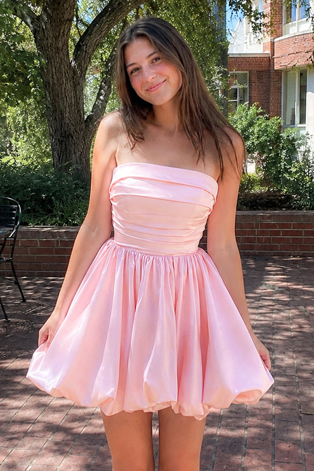 Jani | Pink - A Line Strapless Satin Bubble Hem Short Homecoming Dresses