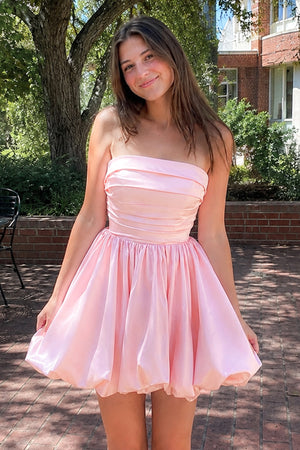 Jani | Pink - A Line Strapless Satin Bubble Hem Short Homecoming Dresses