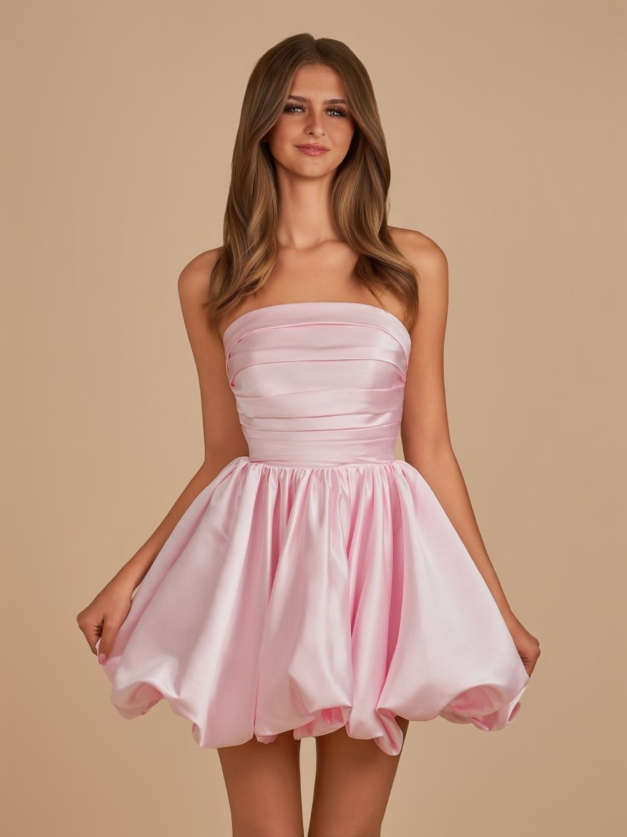 Jani | Pink - A Line Strapless Satin Bubble Hem Short Homecoming Dresses
