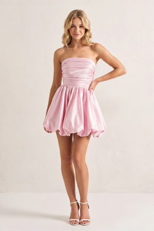 Jani | Pink - A Line Strapless Satin Bubble Hem Short Homecoming Dresses