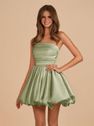 Jani | Sage - A Line Strapless Satin Bubble Hem Short Homecoming Dresses