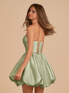Jani | Sage - A Line Strapless Satin Bubble Hem Short Homecoming Dresses